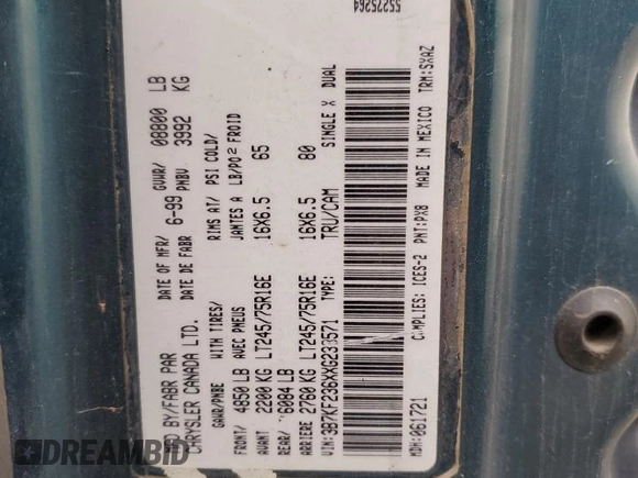 1999 Dodge Ram 2500 with VIN 3B7KF236XXG233571, listed as a Copart auction lot 72592134 with 0 mi miles and Non Repairable. Bid and sale history available at carsss.com. Image 12.