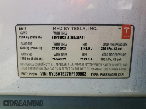 2017 Tesla Model S 100D с VIN 5YJSA1E27HF199003, выставлен на аукционе Copart как лот 59214775 с пробегом 99 673 миль миль и Списание • Salvage title. История ставок и продаж доступна на DreamBid. Изображение 13.