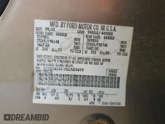 2003 Ford F-350 XL with VIN 1FTSW30F83EA84699, listed as a Copart auction lot 72604414 with Not Provided miles and Salvage Title. Bid and sale history available at DreamBid. Image 13.