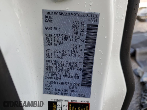 2024 Nissan Frontier S with VIN 1N6ED1CL7RN670390, listed as a Copart auction lot 53747085 with 2,573 mi miles and Salvage title. Bid and sale history available at DreamBid. Image 13.