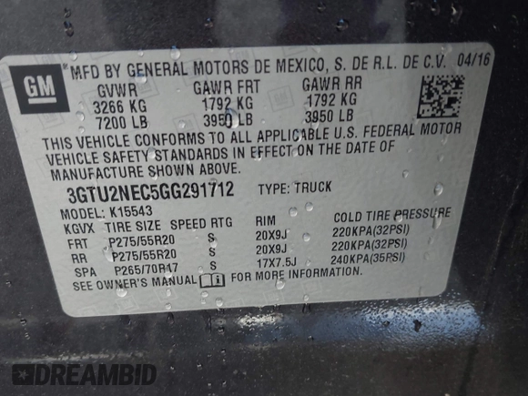 2016 GMC Sierra 1500 SLT with VIN 3GTU2NEC5GG291712, listed as a IAAI auction lot 41924266 with 135,005 mi miles and . Bid and sale history available at DreamBid. Image 9.