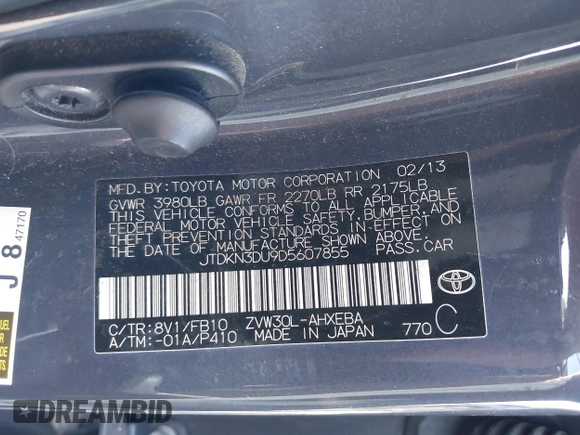 2013 Toyota Prius One with VIN JTDKN3DU9D5607855, listed as a IAAI auction lot 41728716 with 123,643 mi miles. Bid and sale history available at carsss.com. Image 9.