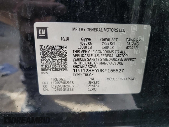 2019 GMC Sierra 2500HD Denali with VIN 1GT12SEY0KF155527, listed as a Copart auction lot 46819265 with 0 mi miles and Salvage Title. Bid and sale history available at carsss.com. Image 12.