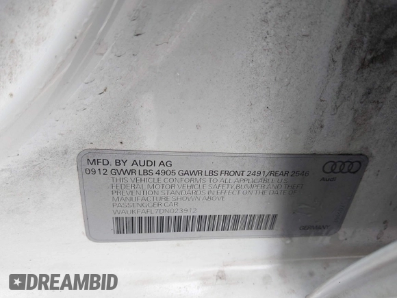 2013 Audi A4 2.0T Prestige with VIN WAUKFAFL7DN023912, listed as a IAAI auction lot 41278780 with 159,521 mi miles. Bid and sale history available at carsss.com. Image 9.