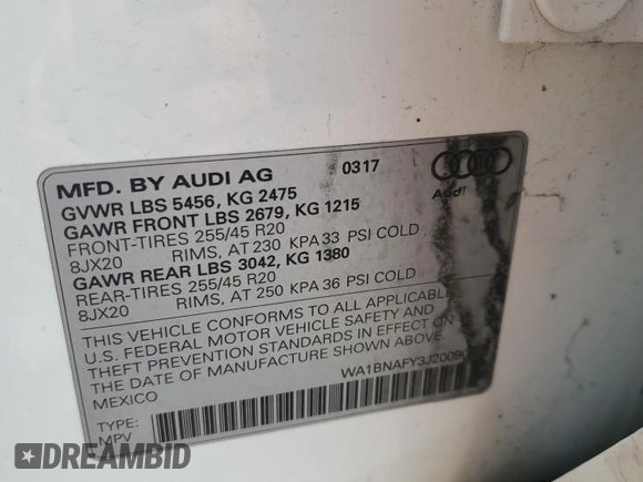 2018 Audi Q5 Premium Plus with VIN WA1BNAFY3J2009000, listed as a Copart auction lot 60515205 with Not provided miles and Salvage title. Bid and sale history available at DreamBid. Image 13.