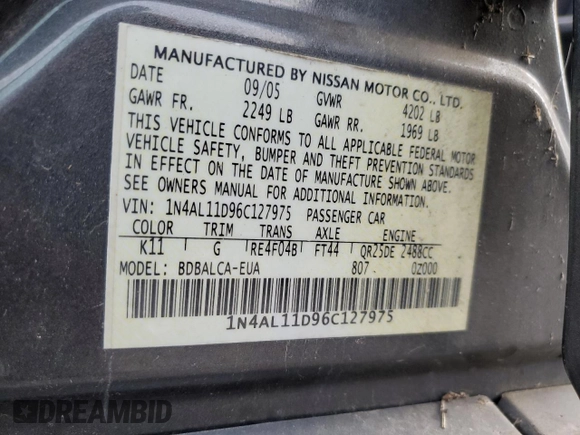 2006 Nissan Altima 2.5 with VIN 1N4AL11D96C127975, listed as a Copart auction lot 52910115 with 188,439 mi miles and Salvage title. Bid and sale history available at DreamBid. Image 12.