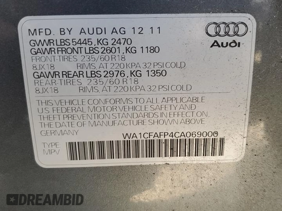 2012 Audi Q5 Premium with VIN WA1CFAFP4CA069000, listed as a Copart auction lot 66212215 with 153,711 mi miles and Clean title. Bid and sale history available at DreamBid. Image 13.