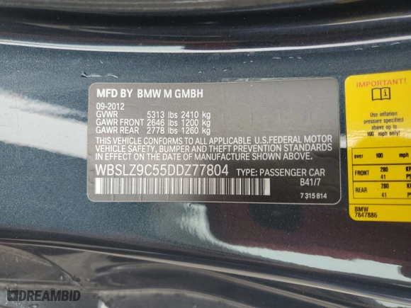 2013 BMW M6 with VIN WBSLZ9C55DDZ77804, listed as a Copart auction lot 54121185 with 66,286 mi miles and Clean Title. Bid and sale history available at carsss.com. Image 12.