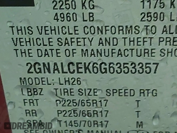 2016 Chevrolet Equinox LT with VIN 2GNALCEK6G6353357, listed as a IAAI auction lot 40942273 with 126,862 mi miles and . Bid and sale history available at carsss.com. Image 9.