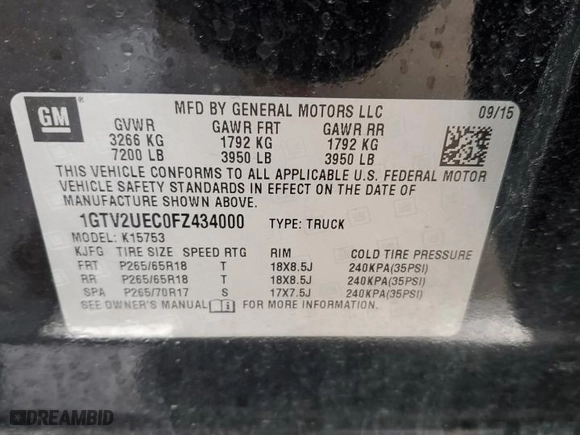 2015 GMC Sierra 1500 SLE with VIN 1GTV2UEC0FZ434000, listed as a Copart auction lot 44319065 with 96,748 mi miles and Salvage Title. Bid and sale history available at carsss.com. Image 15.