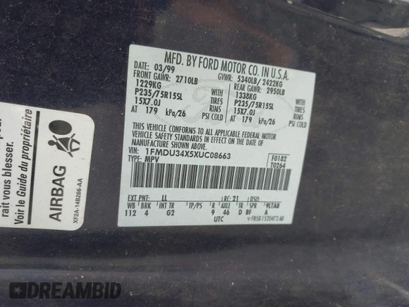 1999 Ford Explorer XL z VIN 1FMDU34X5XUC08663, wystawiony jako IAAI lot #42385444 z przebiegiem 177 387 mil mil oraz . Historia ofert i sprzedaży dostępna na DreamBid. Obrazek 9.