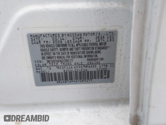 2016 Nissan Sentra SV with VIN 3N1AB7AP4GY289177, listed as a IAAI auction lot 41571346 with 43,387 mi miles and . Bid and sale history available at DreamBid. Image 9.