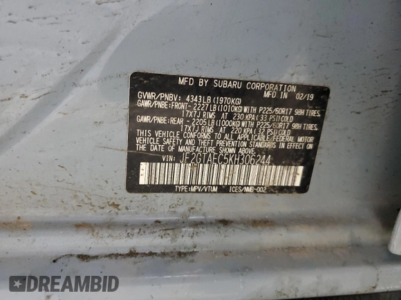 2019 Subaru Crosstrek Premium z VIN JF2GTAEC5KH306244, wystawiony jako Copart lot #49954845 z przebiegiem 95 389 mil mil oraz Szkoda całkowita • Salvage title. Historia ofert i sprzedaży dostępna na DreamBid. Obrazek 15.