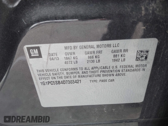 2013 Chevrolet Cruze 1LT with VIN 1G1PC5SB4D7303421, listed as a IAAI auction lot 41895362 with 112,070 mi miles and . Bid and sale history available at DreamBid. Image 9.
