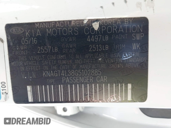 2016 Kia Optima LX z VIN KNAGT4L38G5102885, wystawiony jako IAAI lot #42229044 z przebiegiem 102 416 mil mil oraz . Historia ofert i sprzedaży dostępna na DreamBid. Obrazek 9.
