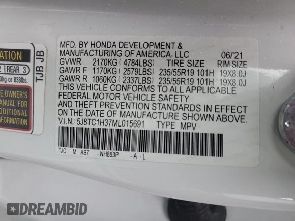 2021 Acura RDX with VIN 5J8TC1H37ML015691, listed as a Copart auction lot 44998565 with 24,459 mi miles and Salvage title. Bid and sale history available at DreamBid. Image 13.