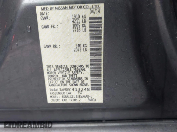 2014 Nissan Altima 2.5 with VIN 1N4AL3AP0EC413248, listed as a IAAI auction lot 41721125 with 93,596 mi miles. Bid and sale history available at carsss.com. Image 9.