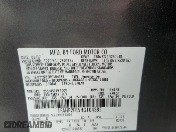 2017 Ford Taurus Limited with VIN 1FAHP2F85HG104385, listed as a Copart auction lot 61436675 with 155,807 mi miles and Salvage title. Bid and sale history available at DreamBid. Image 12.