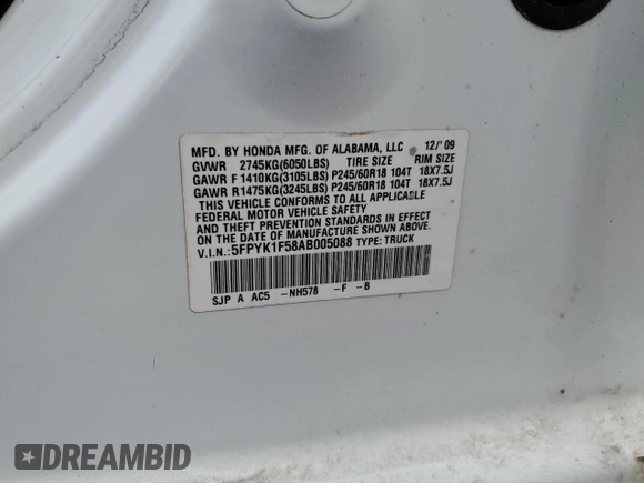 2010 Honda Ridgeline RTL with VIN 5FPYK1F58AB005088, listed as a Copart auction lot 47477975 with 128,538 mi miles and Salvage Title. Bid and sale history available at carsss.com. Image 14.