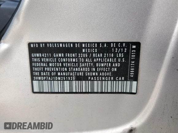 2013 Volkswagen Jetta SE с VIN 3VWDP7AJ1DM251929, выставлен на аукционе Copart как лот 53448185 с пробегом 272 882 миль миль и Списание • Salvage title. История ставок и продаж доступна на DreamBid. Изображение 14.