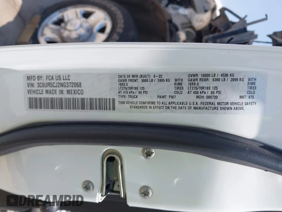 2022 Ram 2500 Tradesman with VIN 3C6UR5CJ2NG372068, listed as a IAAI auction lot 42255819 with 19,803 mi miles and . Bid and sale history available at DreamBid. Image 9.
