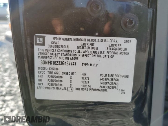 2003 Chevrolet Suburban Z71 z VIN 3GNFK16Z33G137747, wystawiony jako Copart lot #55563055 z przebiegiem 224 502 mil mil oraz Szkoda całkowita • Salvage title. Historia ofert i sprzedaży dostępna na DreamBid. Obrazek 13.