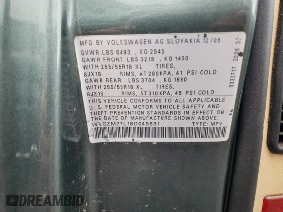 2006 Volkswagen Touareg 4.2L V8 z VIN WVGZM77L16D049631, wystawiony jako Copart lot #84882844 z przebiegiem Nie podano mil oraz Szkoda całkowita • Salvage title. Historia ofert i sprzedaży dostępna na DreamBid. Obrazek 13.