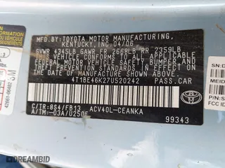 2007 Toyota Camry CE with VIN 4T1BE46K27U520242, listed as a IAAI auction lot 42051586 with 209,371 mi miles. Bid and sale history available at carsss.com. Image 9.