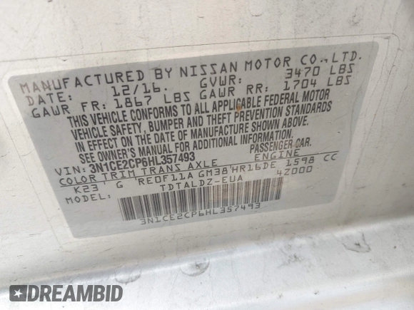 2017 Nissan Note S Plus with VIN 3N1CE2CP6HL357493, listed as a IAAI auction lot 42226591 with 102,304 mi miles and . Bid and sale history available at DreamBid. Image 9.
