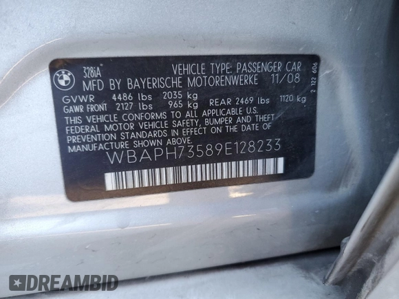 2009 BMW 3 Series 328i with VIN WBAPH73589E128233, listed as a Copart auction lot 88367785 with 63,142 mi miles and Salvage title. Bid and sale history available at DreamBid. Image 12.