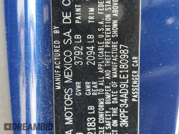 2020 Kia Forte GT-Line with VIN 3KPF34AD9LE180987, listed as a Copart auction lot 48558305 with 121,241 mi miles and Salvage Title. Bid and sale history available at carsss.com. Image 12.