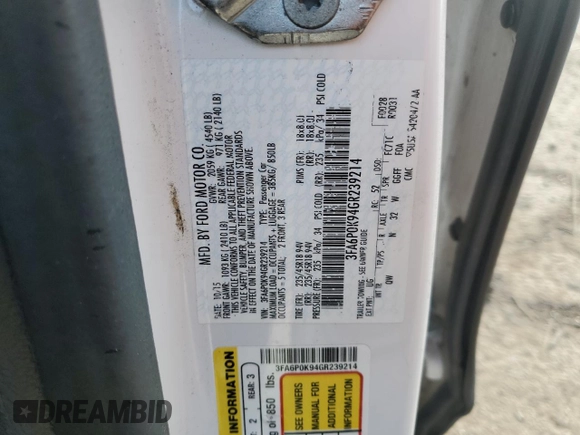 2016 Ford Fusion Titanium with VIN 3FA6P0K94GR239214, listed as a Copart auction lot 66614195 with 99,272 mi miles and Clean title. Bid and sale history available at DreamBid. Image 13.