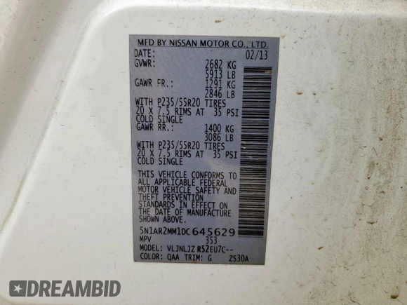 2013 Nissan Pathfinder Platinum with VIN 5N1AR2MM1DC645629, listed as a Copart auction lot 58501165 with 172,776 mi miles and Clean title. Bid and sale history available at DreamBid. Image 13.