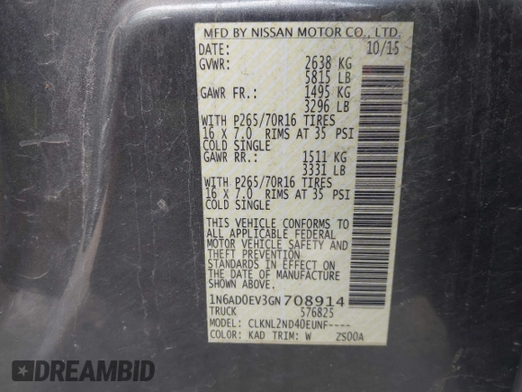 2016 Nissan Frontier S with VIN 1N6AD0EV3GN708914, listed as a IAAI auction lot 39276211 with 190,215 mi miles and . Bid and sale history available at DreamBid. Image 9.