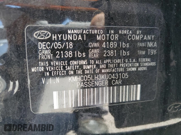 2019 Hyundai Ioniq Limited with VIN KMHC05LH3KU043105, listed as a Copart auction lot 57809855 with 72,647 mi miles and Salvage title. Bid and sale history available at DreamBid. Image 12.