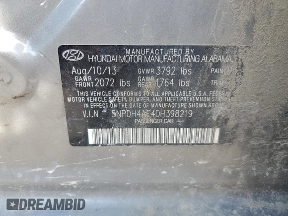 2013 Hyundai Elantra GLS z VIN 5NPDH4AE4DH398219, wystawiony jako Copart lot #55365475 z przebiegiem Nie podano mil oraz Szkoda całkowita • Salvage title. Historia ofert i sprzedaży dostępna na DreamBid. Obrazek 12.