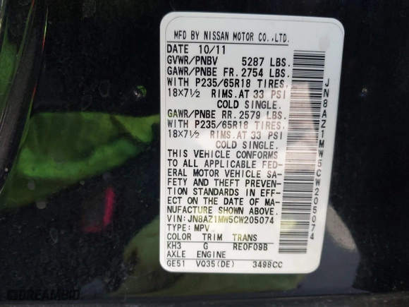 2012 Nissan Murano SV with VIN JN8AZ1MW5CW205074, listed as a IAAI auction lot 41847269 with 172,037 mi miles. Bid and sale history available at carsss.com. Image 9.