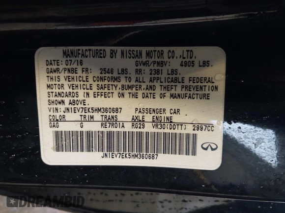 2017 Infiniti Q60 Sport with VIN JN1EV7EK5HM360687, listed as a IAAI auction lot 41243501 with 103,027 mi miles and . Bid and sale history available at DreamBid. Image 9.