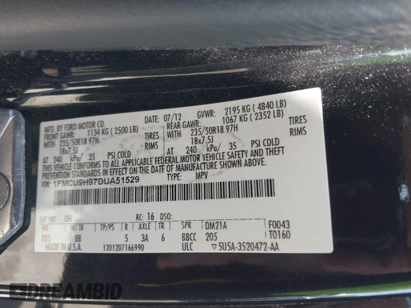 2013 Ford Escape SEL with VIN 1FMCU9H97DUA51529, listed as a IAAI auction lot 42164245 with 106,649 mi miles and . Bid and sale history available at DreamBid. Image 9.
