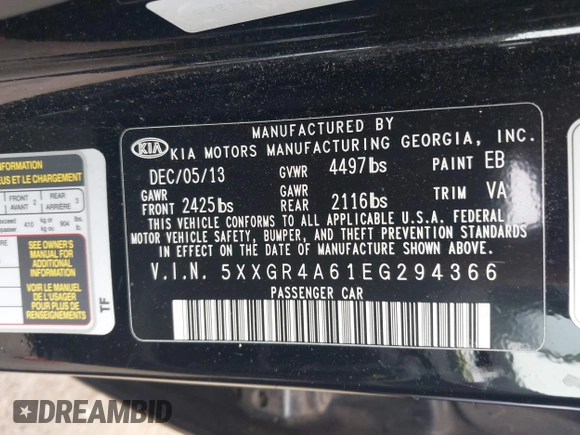 2014 Kia Optima SX Turbo with VIN 5XXGR4A61EG294366, listed as a IAAI auction lot 42540516 with 195,335 mi miles and . Bid and sale history available at DreamBid. Image 9.