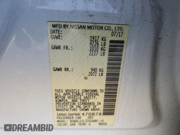 2017 Nissan Altima SV with VIN 1N4AL3AP4HC470878, listed as a Copart auction lot 59351105 with 142,571 mi miles and Salvage title. Bid and sale history available at DreamBid. Image 13.