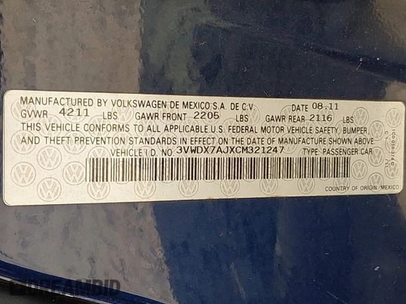 2012 Volkswagen Jetta SE with VIN 3VWDX7AJXCM321247, listed as a IAAI auction lot 42847011 with 232,459 mi miles and . Bid and sale history available at DreamBid. Image 9.