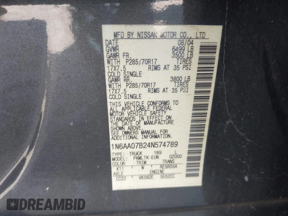 2004 Nissan Titan LE with VIN 1N6AA07B24N574789, listed as a IAAI auction lot 42039183 with 147,691 mi miles. Bid and sale history available at carsss.com. Image 9.