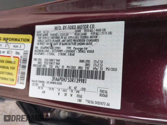 2013 Ford Fusion SE with VIN 3FA6P0H75DR139981, listed as a IAAI auction lot 40973069 with 134,293 mi miles and . Bid and sale history available at DreamBid. Image 9.