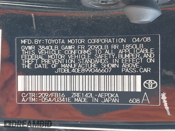 2009 Toyota Corolla with VIN JTDBL40E899046607, listed as a IAAI auction lot 42141452 with 204,769 mi miles. Bid and sale history available at carsss.com. Image 9.