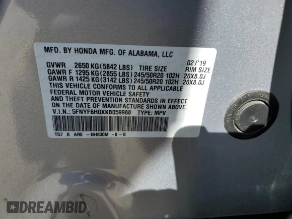 2019 Honda Pilot Elite with VIN 5FNYF6H0XKB059988, listed as a Copart auction lot 74472194 with 63,742 mi miles and Salvage title. Bid and sale history available at DreamBid. Image 14.