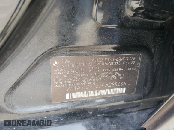 2008 BMW 3 Series 335xi with VIN WBAVD53578A285636, listed as a Copart auction lot 47289275 with 178,867 mi miles and Clean Title. Bid and sale history available at carsss.com. Image 12.