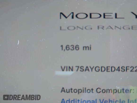 2025 Tesla Model Y Long Range with VIN 7SAYGDED4SF226776, listed as a IAAI auction lot 41514317 with 1,636 mi miles and . Bid and sale history available at DreamBid. Image 7.