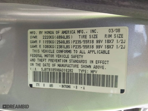 2008 Acura RDX Tech Pkg with VIN 5J8TB18598A016282, listed as a IAAI auction lot 42037421 with 183,100 mi miles. Bid and sale history available at carsss.com. Image 9.