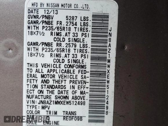 2014 Nissan Murano LE with VIN JN8AZ1MWXEW512498, listed as a Copart auction lot 82495964 with 132,601 mi miles and Clean Title. Bid and sale history available at carsss.com. Image 13.